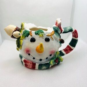 Woodland Holly Christmas Holiday Snowman Hand-Painted Pitcher Mug